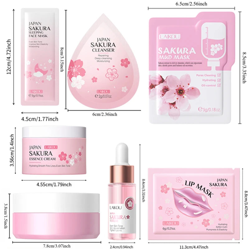 24pcs Sakura Skin Care Set Eye & Lip Masks Serum Nud Masks Cleanser Toner Essence Cream Moisturizing Smoothing Nourishing Beauty